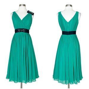 Kate Spade | Designer Green Chiffon Rhinestone Bow Pleated Cocktail Midi Dress 0